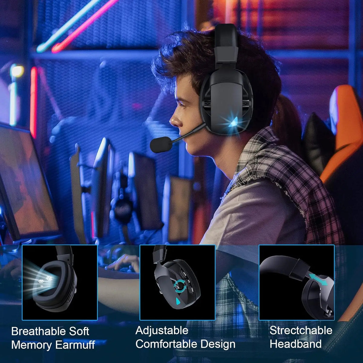 Wireless Gaming Headset With 3 Modes And Detachable Mic