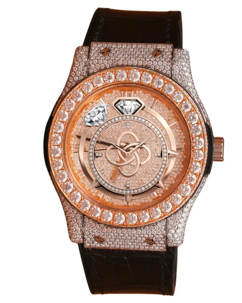 Luxury Antique Diamond Encrusted Quartz Analog Watch Rose Gold Tone Case Rubber Band Roman Numeral Dial Men's Fashion