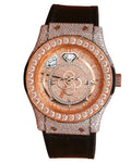 Luxury Antique Diamond Encrusted Quartz Analog Watch Rose Gold Tone Case Rubber Band Roman Numeral Dial Men's Fashion