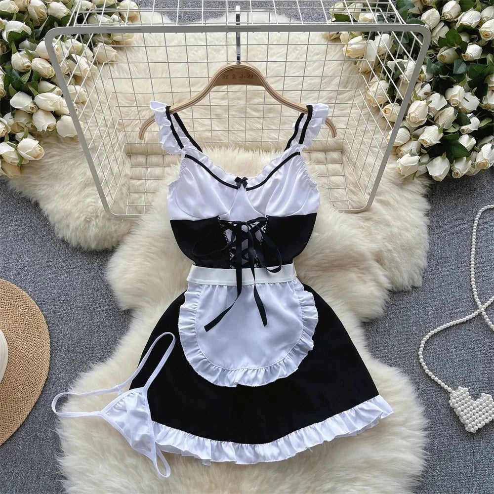 Summer Girls Sexy Hot Sweet Transparent Suspender Mini Dress Women Elastic Waist And Backless Strap Lolita Pajamas Bubble Skirt