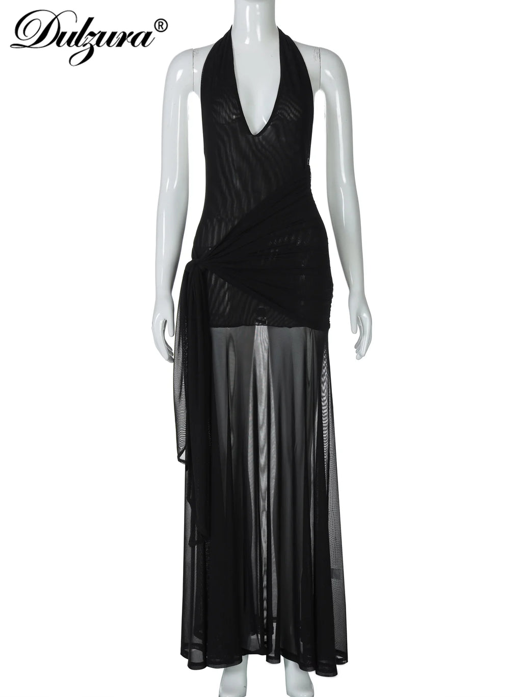 Dulzura Sleeveless Halter Backless  Lace Up Ruched Patchwork Sheer Mesh Floor-Length Dress Solid Sexy Outfit  Party Club Summer
