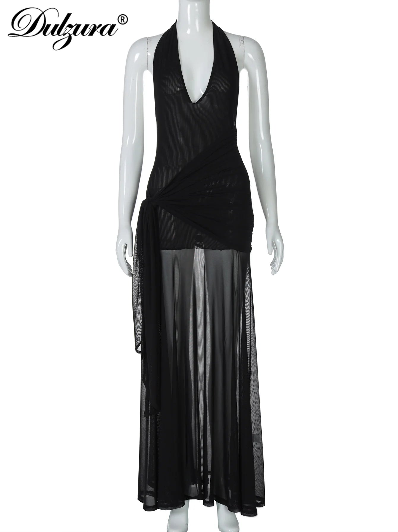 Dulzura Sleeveless Halter Backless  Lace Up Ruched Patchwork Sheer Mesh Floor-Length Dress Solid Sexy Outfit  Party Club Summer
