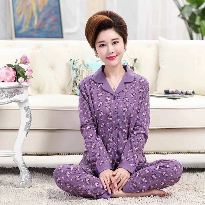 100% Pure Cotton Long Sleeve Sleepwear Set for Elderly Women Spring Summer Autumn Home Clothes Outwear Comfortable Home Suit