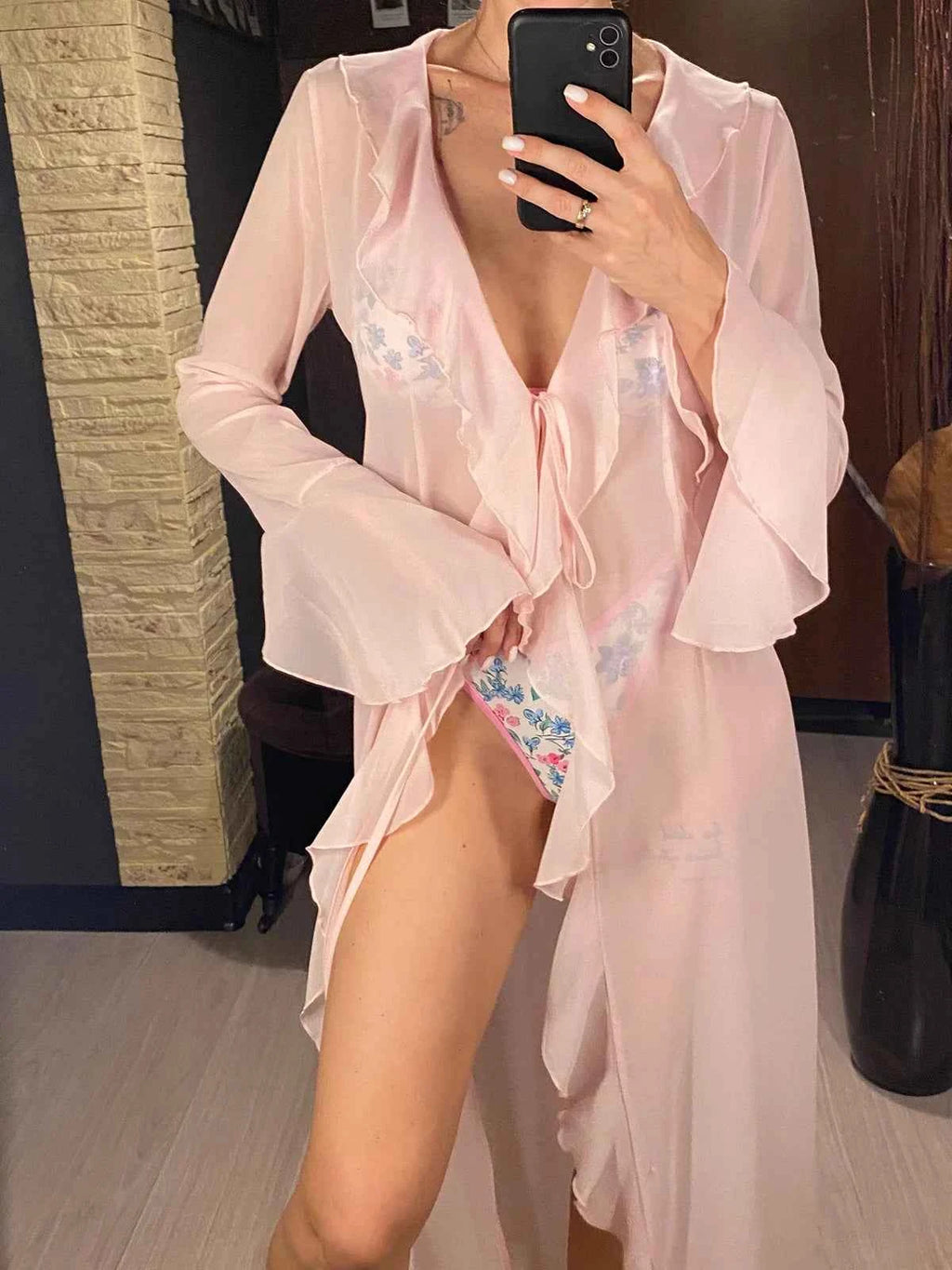 Women's V Neck Ruffled Long Sleeve Dress Chiffon Tunic Beach Cover Up Cover-ups Beach Dress Sunscreen Beachwear Vacation V5976B