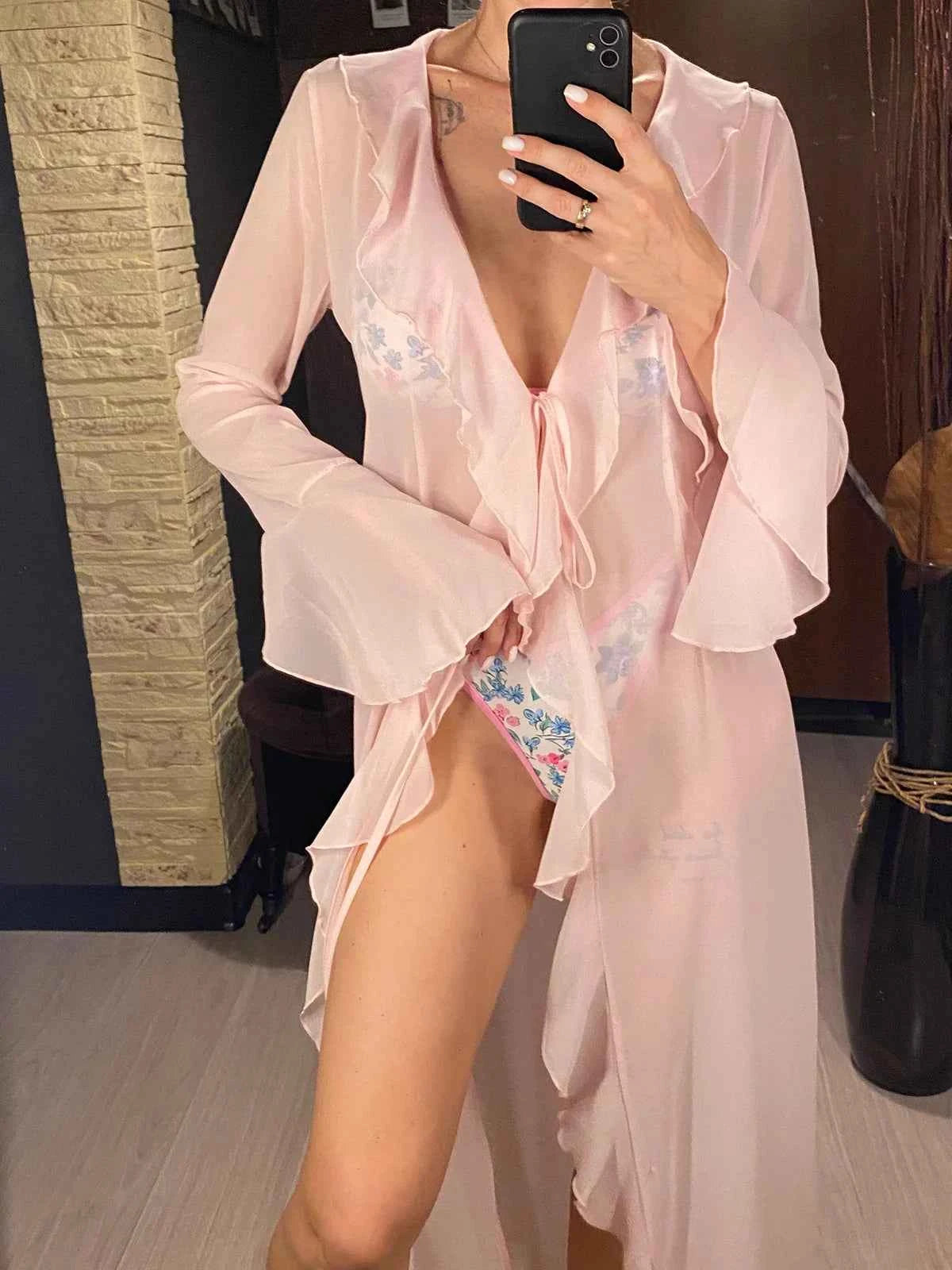 Women's V Neck Ruffled Long Sleeve Dress Chiffon Tunic Beach Cover Up Cover-ups Beach Dress Sunscreen Beachwear Vacation V5976B