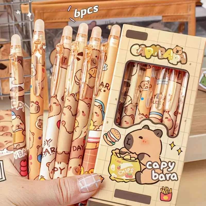 6pcs Cute Capybara Erasable Gel Pens | 0.5mm Retractable Blue Ink for School & Office | Smooth Writing & Quick-Drying (6 Colors)
