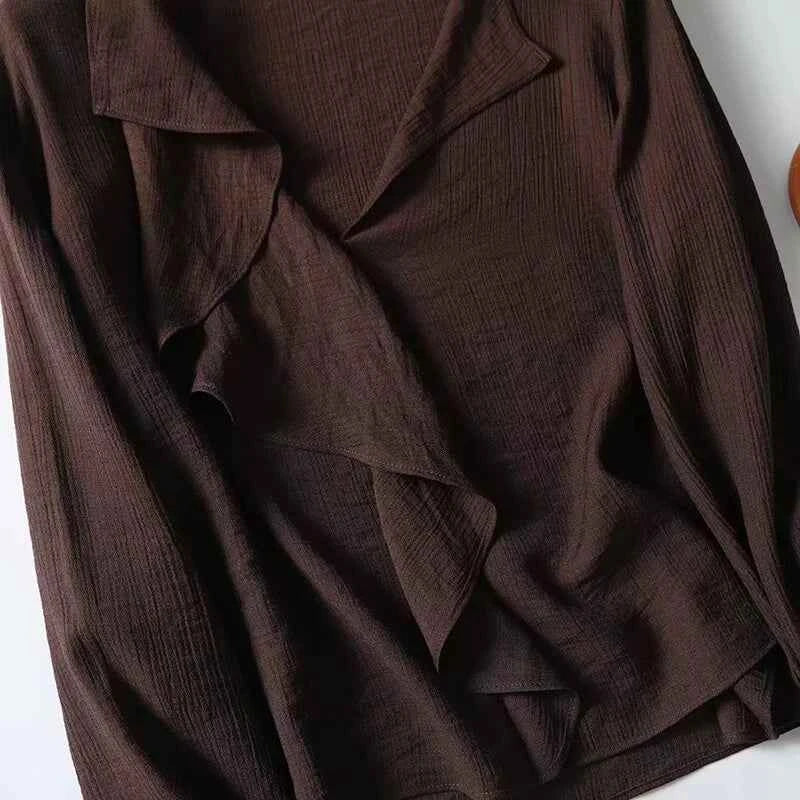 YENKYE Spring 2025 Women Brown Long Sleeve V Neck Ruffle Shirt Office Casual Blouse Blusas Mujer