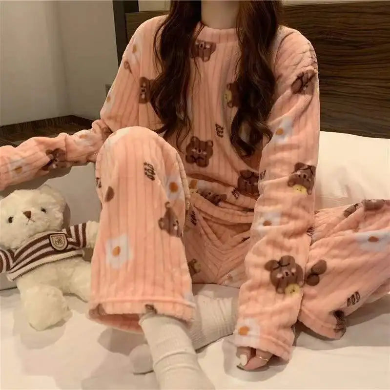 Autumn Winter Warm Flannel Fleecing Women's Pajamas Sets Coral Velvet Long Sleeve Cartoon Sleepwear Pants Sets Flannel Homewear