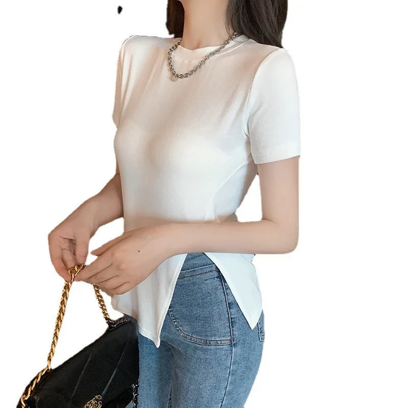 Korean Solid Slit Design Short Sleeve Tee Summer Y2K Streetwear Sexy Top New American Fashion All-match Top for Women