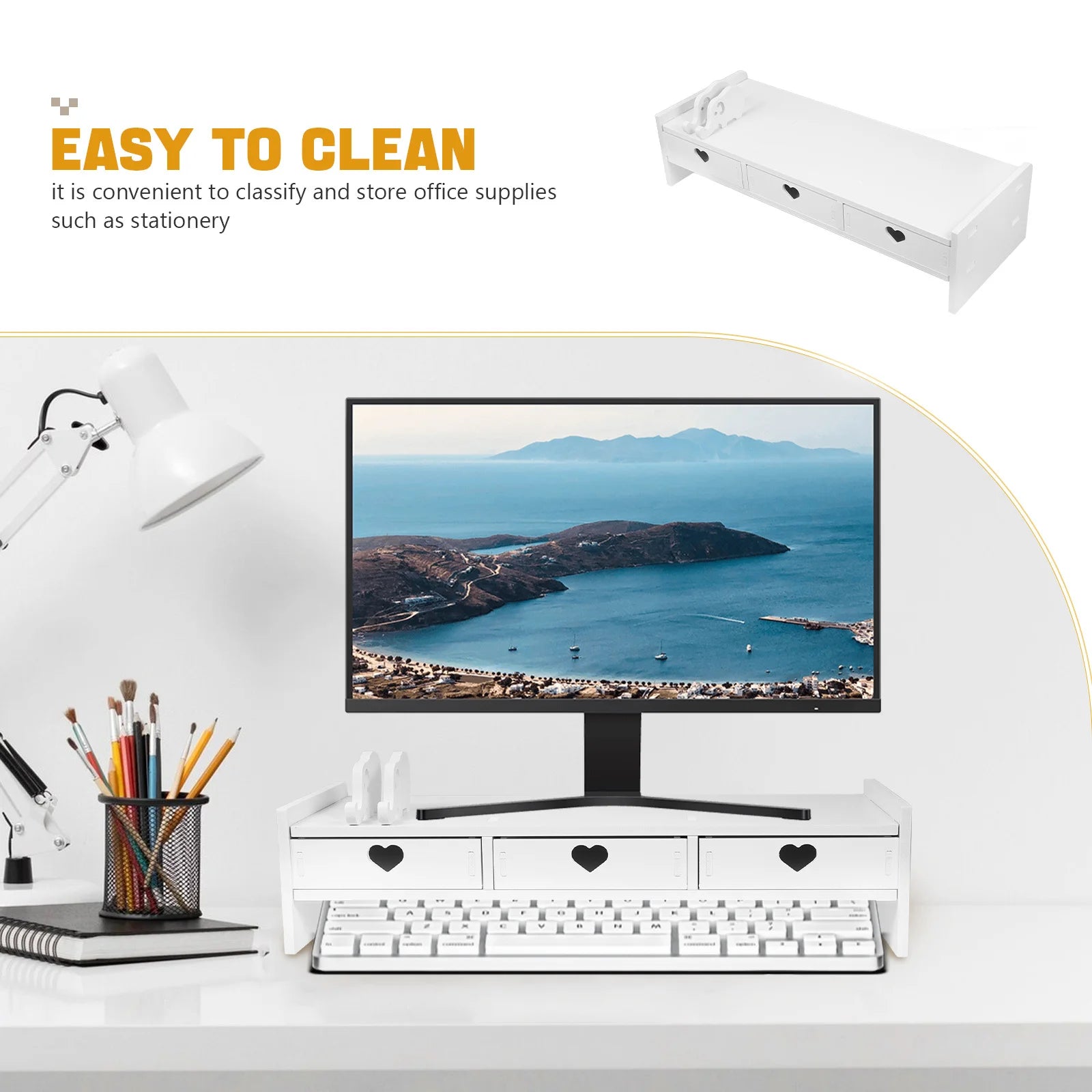 Computer Monitor Riser Keyboard Storage Desktop Organizer Drawer Type Office Desk Stand PVC Wood Plastic Composite