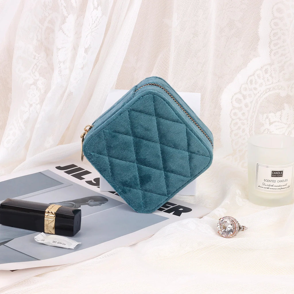 Rhombus Velvet Jewelry Box with Mirror Women Travel Portable Earrings Ring Necklace Storage Display Jewelry Organizer Box