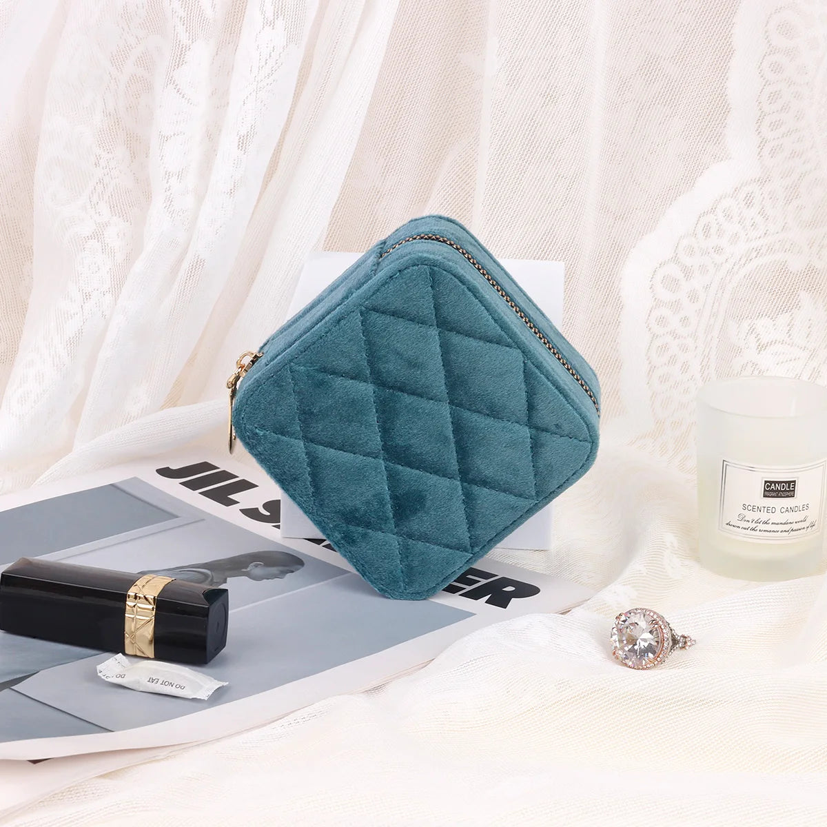 Rhombus Velvet Jewelry Box with Mirror Women Travel Portable Earrings Ring Necklace Storage Display Jewelry Organizer Box