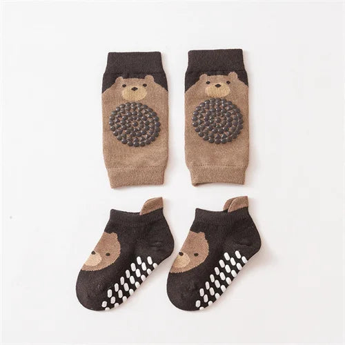 Kids Baby Anti-slip Cartoon Knee Pads Socks Sets Thin Cotton Mesh Crawling Knit Knee Pads Infant Toddler Floor Socks For 0-3 Yrs