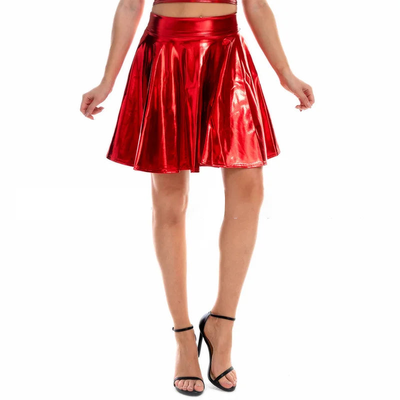Women Summer Sexy Laser Skirts Mini PU Leather Club Party Dance Shiny Holographic Skirts Harajuku JK Metallic Pleated Skirts