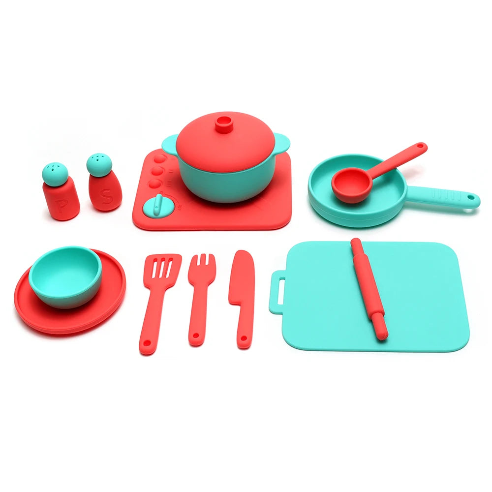 Kids Pretend Play Kitchen Toys, Food-Grade Silicone Dish Set, Realistic Mini Cooking Toys with Bowls, Plates, Pots for Toddlers