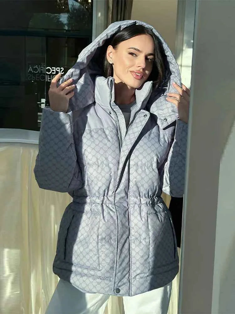 Printed Female Winter Cotton Quilted Jacket Hooded Thicken Zipper Single Breasted Long Sleeve 2025 New Casual Coat Loose Outwear