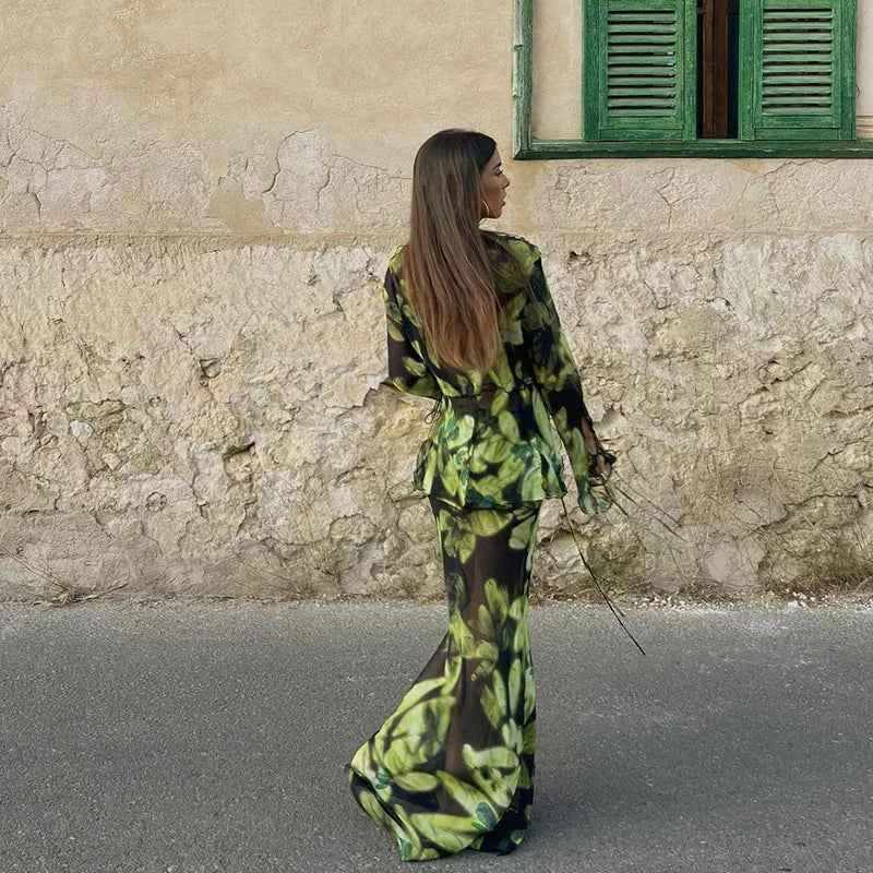 Print Y2K Mesh Long Sleeve Top Shirts Green and Maxi Skirt Bodycon Two Piece Sets Beach Outfits Women Club