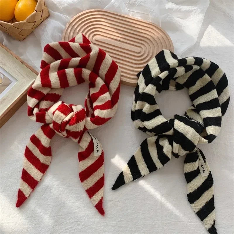 Korean Stripe Triangle Scarf 100% Wool Triangular Scarf Men Women British Niche Headscarf Knitted  Multi-functional Warm Scarf