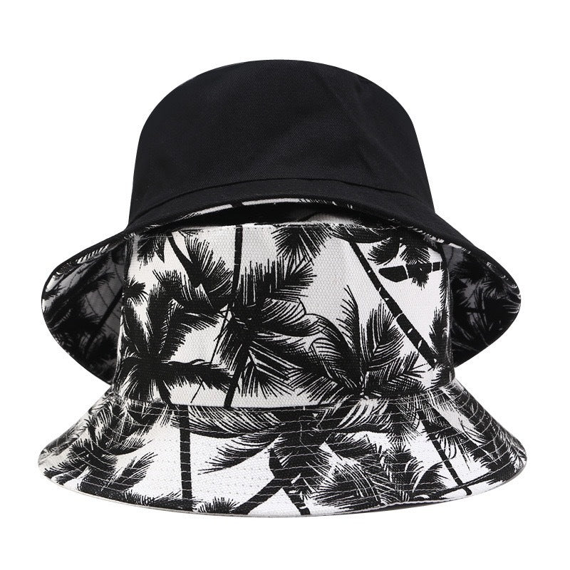 Unisex Reversible Double Sided Black Coconut Tree Printed Fisherman Caps Bucket Hats Men Women Outdoor Travel Visor Hiking Hat