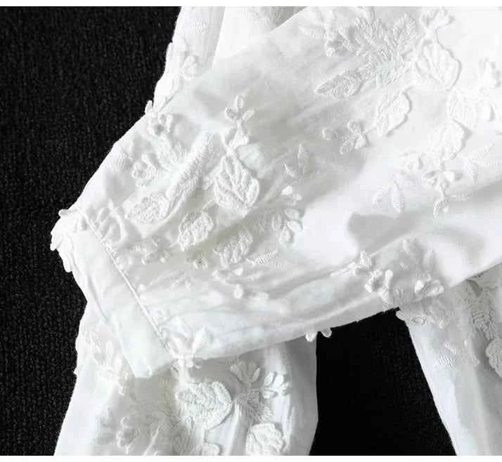 SuperAen Spring New Three-dimensional Flower Embroidered Cotton White Shirt Women Loose Sweet O-neck Long-sleeved Shirts