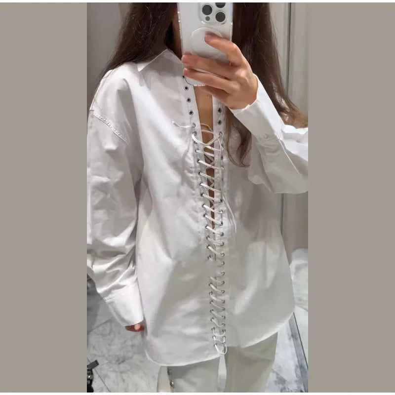 Fashion Lapel Long Sleeve Shirts & Blouses For Women Autumn Weave Drawstring Blouse Lady Holiday Street Chic Tops Ropa De Mujer