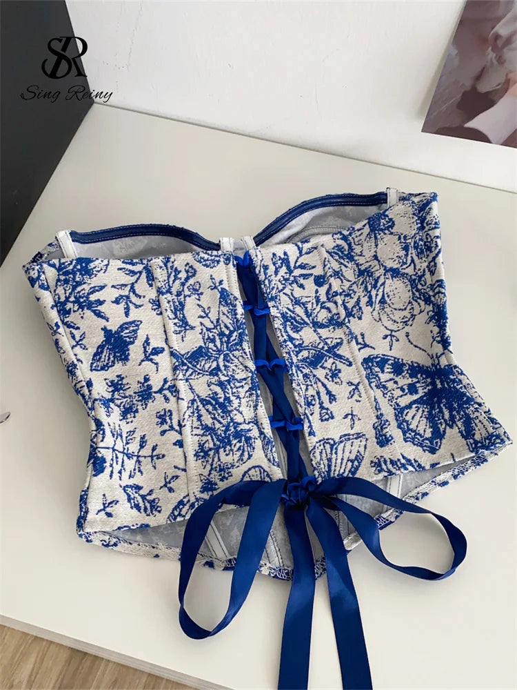SINGREINY French Retro Lingerie Tops Women Strapless Print Corset Shapewear Lace Up Sexy Top 2025 Backless Sensual Slim Camisole