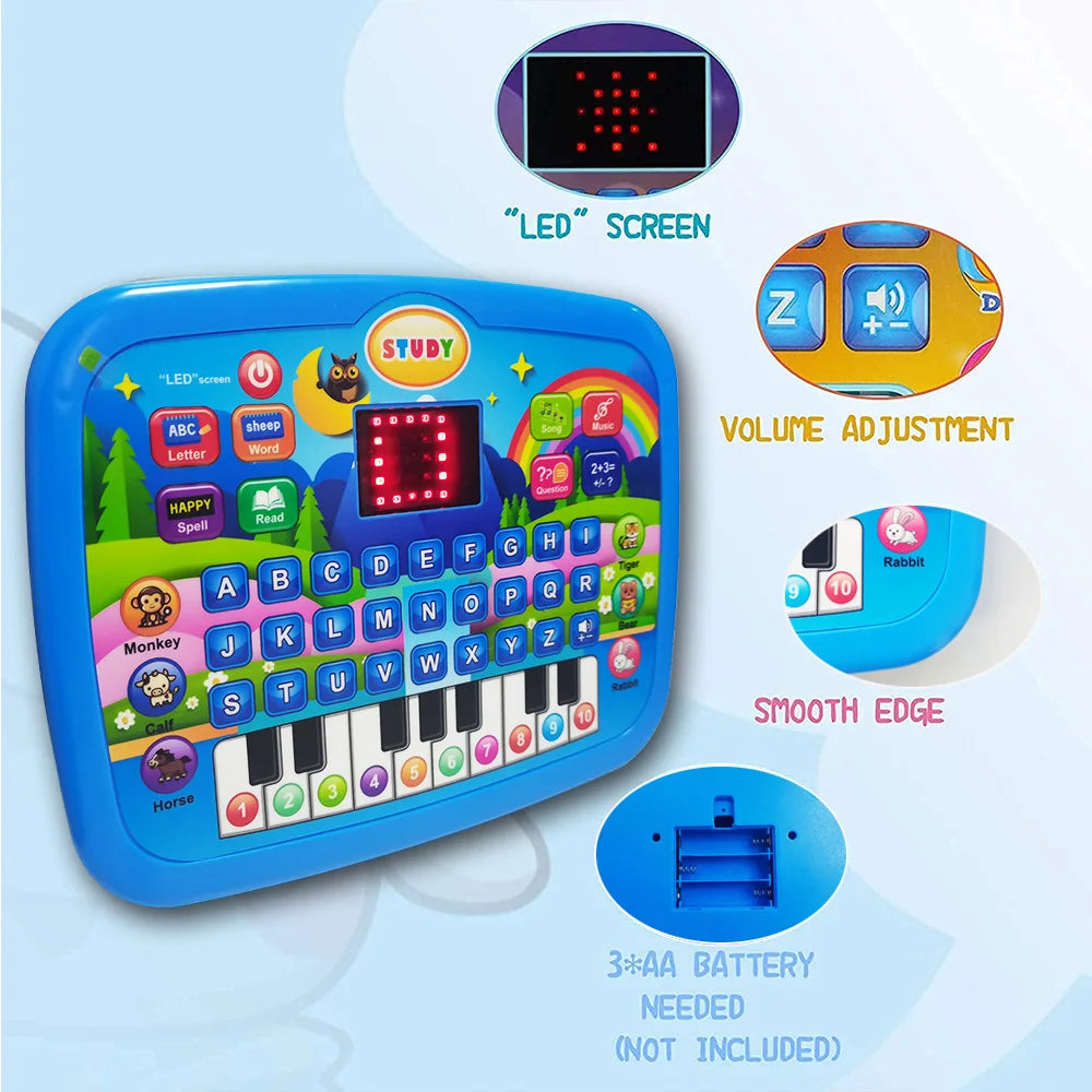 Kids Educational Learning Tablet Toy for Age 3+, Early Literacy Math Music Learning Pad with Electronic Keyboard, Birthday Chris