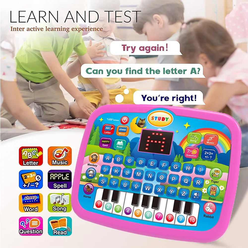 Kids Educational Learning Tablet Toy for Age 3+, Early Literacy Math Music Learning Pad with Electronic Keyboard, Birthday Chris
