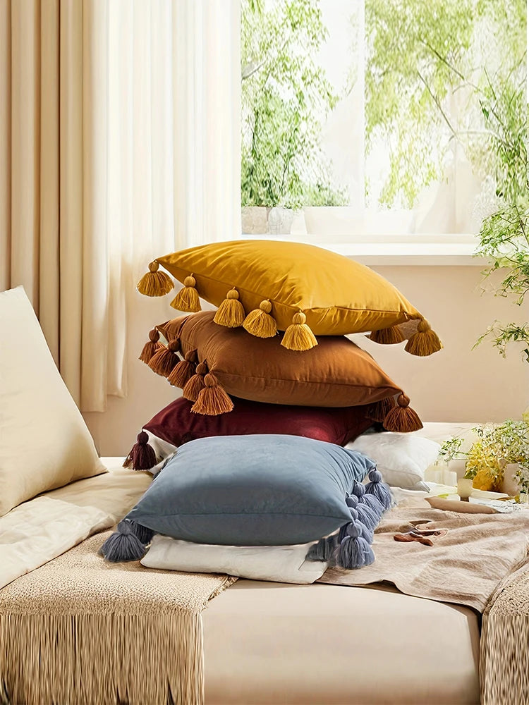 1pcSolid Decorative Throw Pillow Cover with Tassels Boho Accent Cushion Case for Couch Bedroom Car