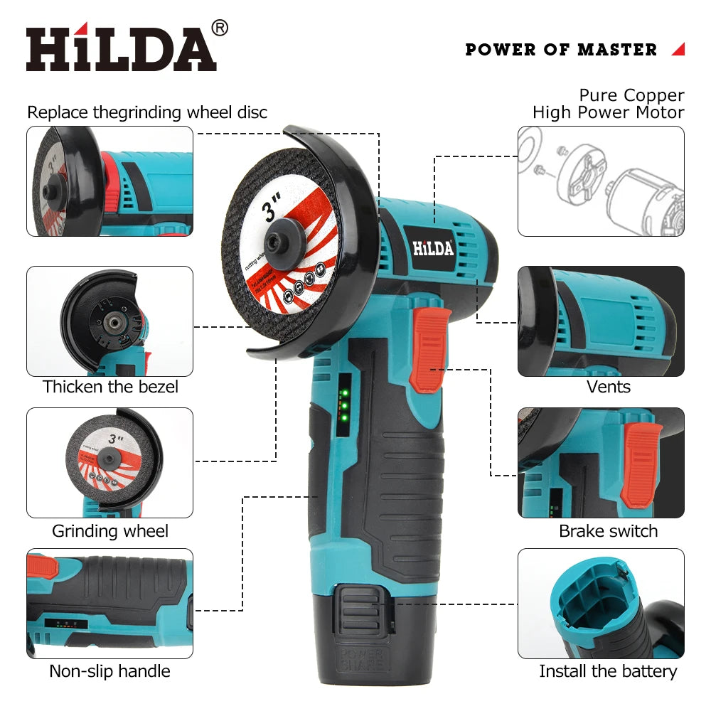 HILDA 3 inch 12V Miniature Rechargeable Angle Grinder with Battery Cutting Blade Polishing Grinder for Cutting Diamond Cordless
