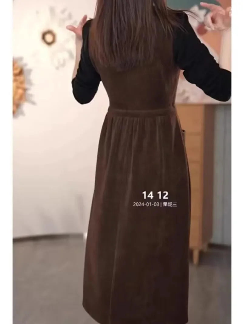 2024 Winter Fake Two piece Corduroy Dress Stylish Women's Dress Draw pleats Slim Waist Dress Women's Retro Knee Over Middle Long