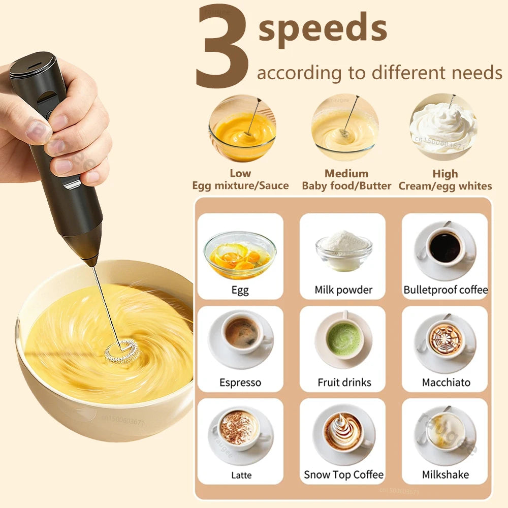 Wireless Milk Frother Mini Electric Handheld Foam Maker USB Rechargeable 3 Speeds Coffee Milk Mixer Electric Egg Beater