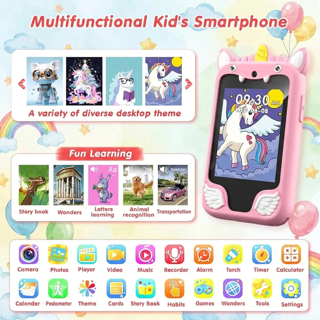Kids Smartphone Toy with Camera & MP3 Player, Touchscreen Learning Phone for Boys Girls Silicone Pretend Cell Phone Gift