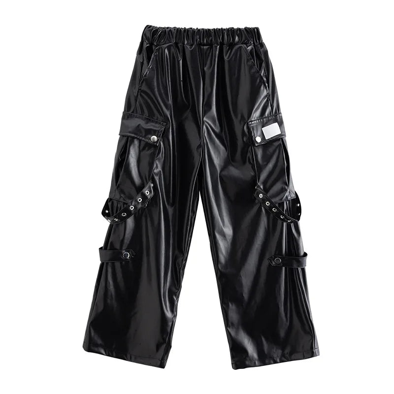Kid Hip Hop Clothing T Shirt Crop Top Wine Red Arm Sleeve Faux Leather Casual Cargo Pants for Girl Jazz Dance Costumes Clothes