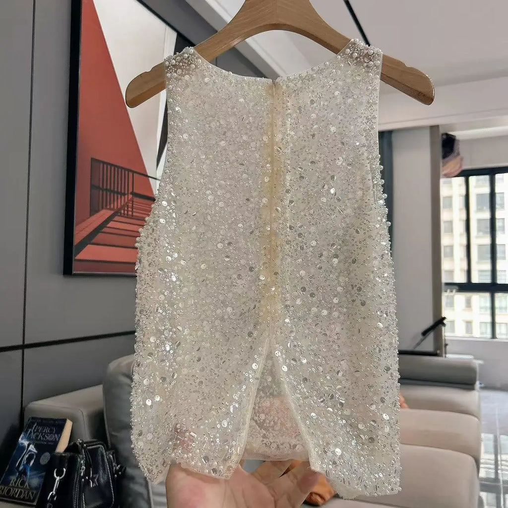 2025 Spring Summer New Light Luxury Fashion Versatile Beaded Sequined Sleeveless Vest Top Women Loose Casual Fashion Sexy Top