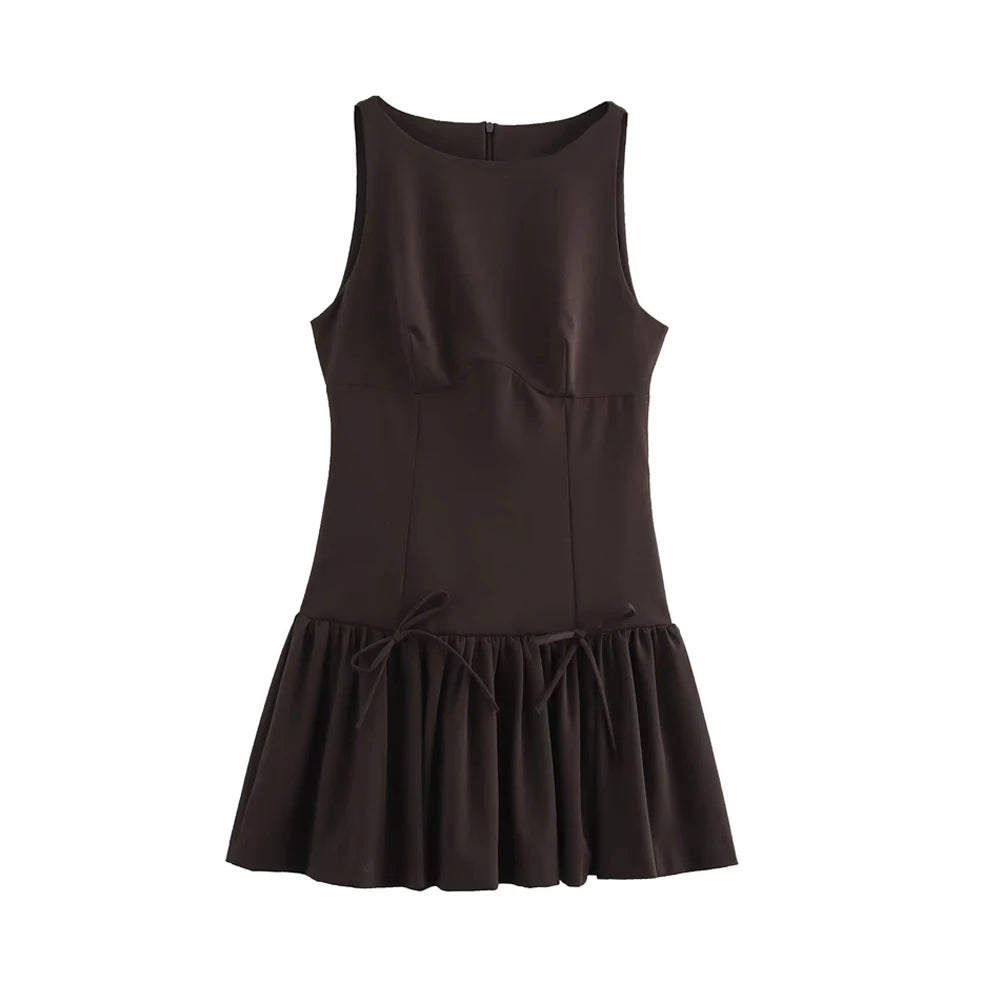 Women's Ruffled Mini Dress with Bows, O Neck, Sleeveless, Back Zipper, Female Dresses, Chic Fashion