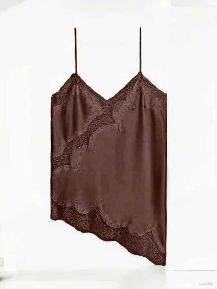 Summer Women Halter Top Satin Lace Spliced Tank Backless Deep Neck Sexy Vest Irregular Hem Vestidos 2025 Lady Vacation Sexy Tops