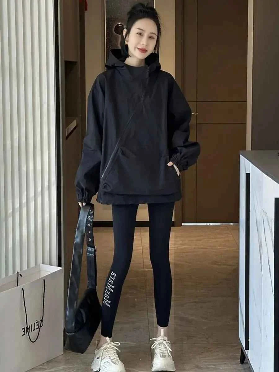 Women Hooded Jackets Diagonal Zipper Design Vintage Autumn Baggy Fashion BF Style Outdoor Chaqueta Mujer Leisure All-match Lady