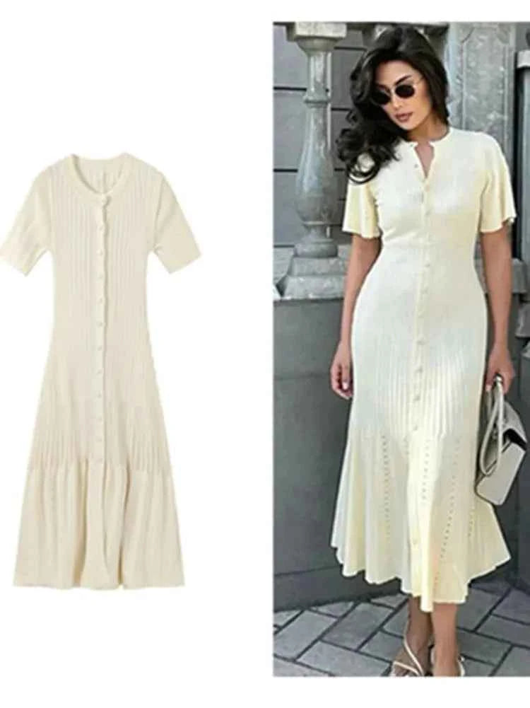 Knitted Women Long Dresses Hollow Out Short Sleeved Women Split Dress O-neck Single Breasted Female Solid Elegant Ladies Robe