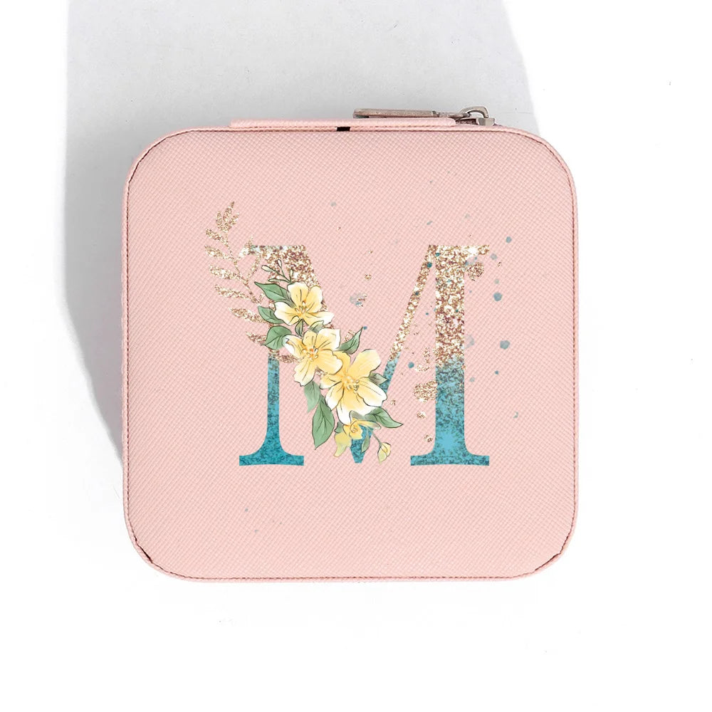 A-Z Alphabet Print Pink Travel Jewelry Organizer with Zipper Closure and Fabric Lining