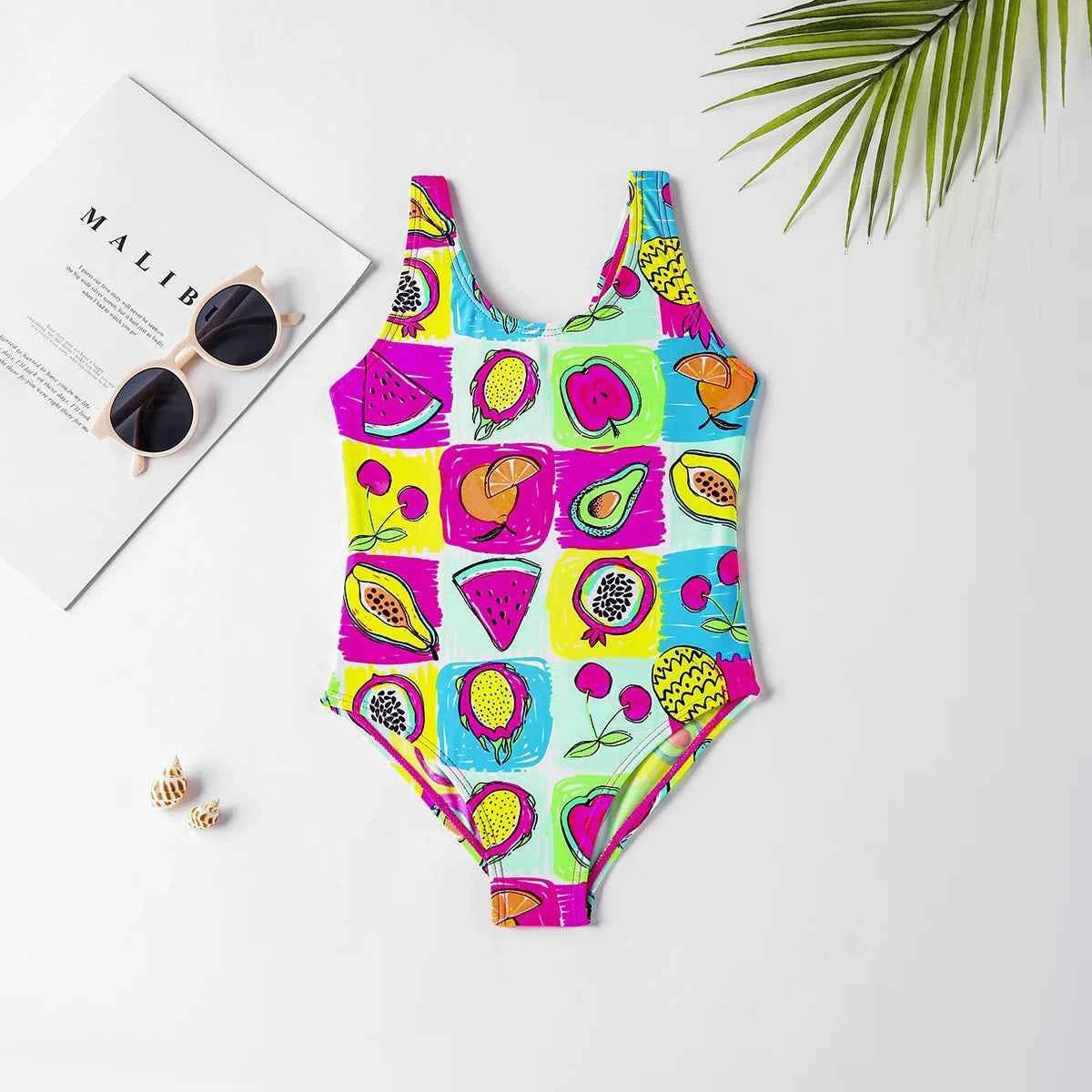Girls' one-piece cartoon print swimsuit, children's polka-dot animal one-piece swimsuit with hollow back, beach wear