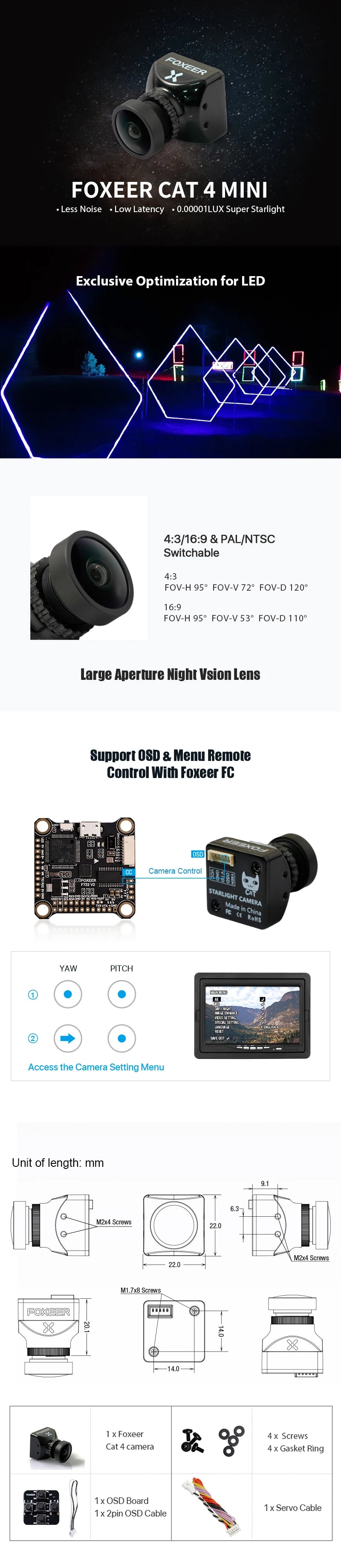 Foxeer Mini Cat / Micro Cat 4 1200TVL Starlight 0.00001Lux FPV Camera Low Latency Low Noise FPV Camera For RC FPV Racing Drone