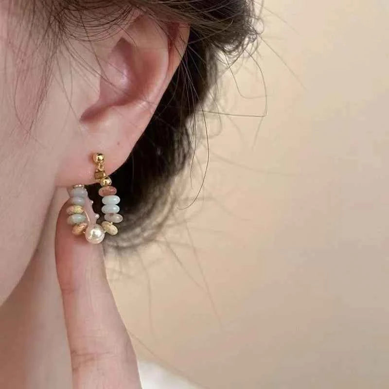 Chic Colorful Stone Beaded Hoop Earrings For Women Sweet Gold Color Metal Earrings Korean Daily Wear Jewelry