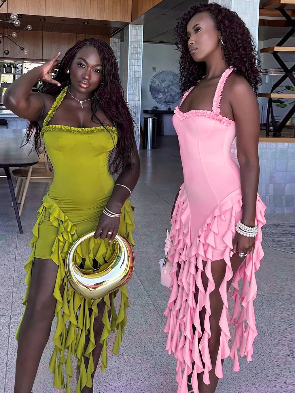 Dulzura Sleeveless Halter Ruffles Patchwork Mini Dress Women’S Solid Sexy Outfit Prom Party Clubwear Autumn Winter Clothes