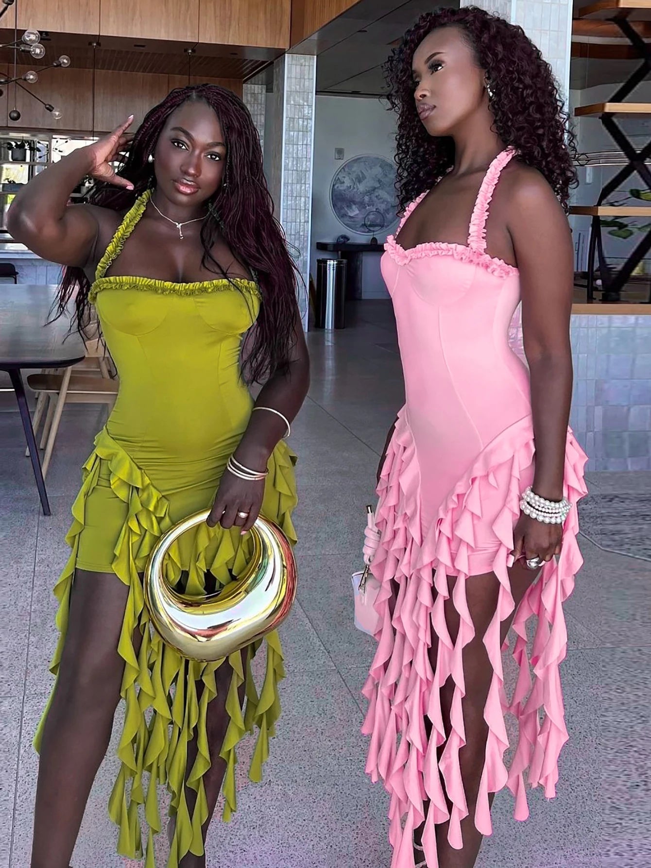 Dulzura Sleeveless Halter Ruffles Patchwork Mini Dress Women’S Solid Sexy Outfit Prom Party Clubwear Autumn Winter Clothes