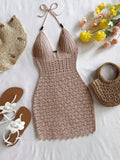 Summer sexy V-neck hollowed out wooden bead slim fit dress with vacation straps and strapless gradient color knitted dress