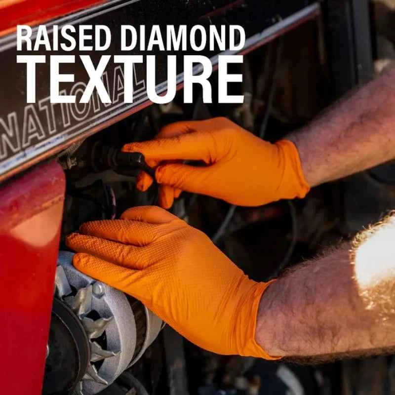 Orange Nitrile Gloves Disposable 8Mil Super Duty Diamond Textured Safety Protective Work Gloves Auto Mechanic Industrial Gloves