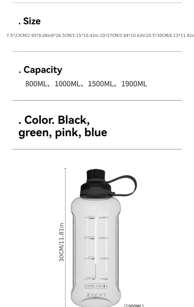Large-capacity portable water bottle, made of high-transparency, drop-resistant PC material, with a leak-proof handle.