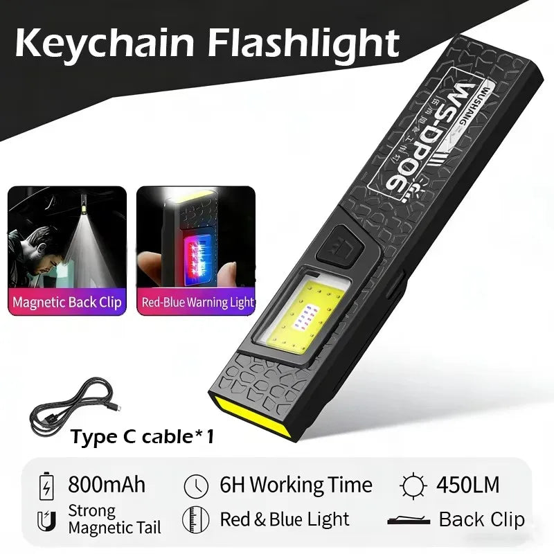 LED COB Flashlight Type C Rechargeable 600LM Portable Mini Torch Pocket Lantern Flood Work Light With Magnet For Emergency