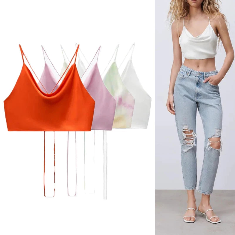 MUJER Satin Crop top Women Summer White Pink Red Cami Top Woman 2025 Sexy Backless Halter Tops for Women Camisole Strap Tank Top